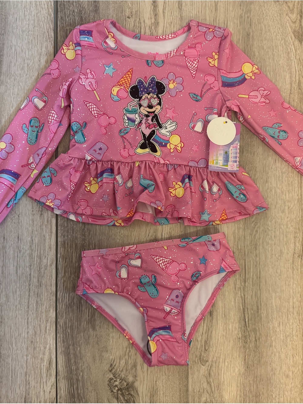 Disney Girls Pink Minnie Mouse Ruffle Rashguard Two-Piece Swim Set